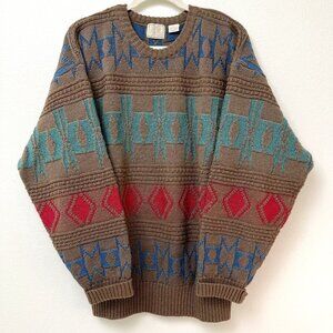 VINTAGE River Trader 100% Wool Geometric Long Sleeve Crew Neck Sweater Grandma L